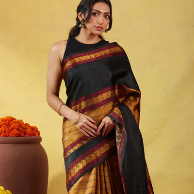 Oil Mustard Kanchipuram Silk Saree With Silk Thread Buttas