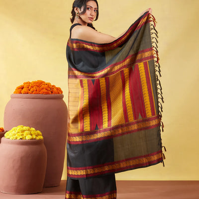 Oil Mustard Kanchipuram Silk Saree With Silk Thread Buttas