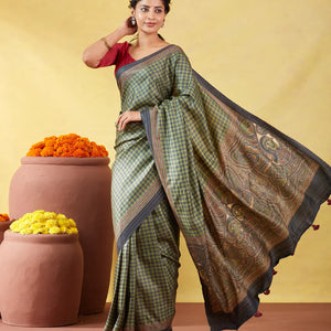 Green Handloom Tussar Silk Saree Printed With Checks