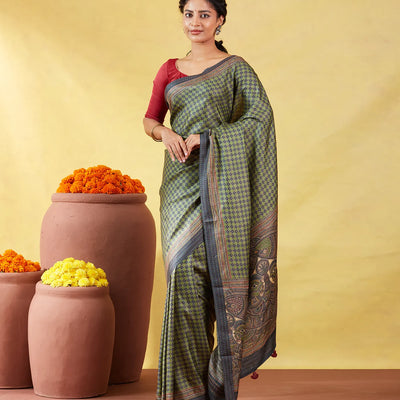 Green Handloom Tussar Silk Saree Printed With Checks