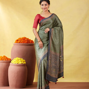 Green Handloom Tussar Silk Saree Printed With Checks