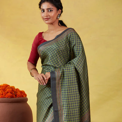 Green Handloom Tussar Silk Saree Printed With Checks