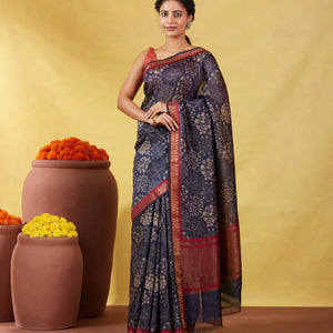Navy Blue Handloom Tussar Silk Saree With Printed Tree Motifs