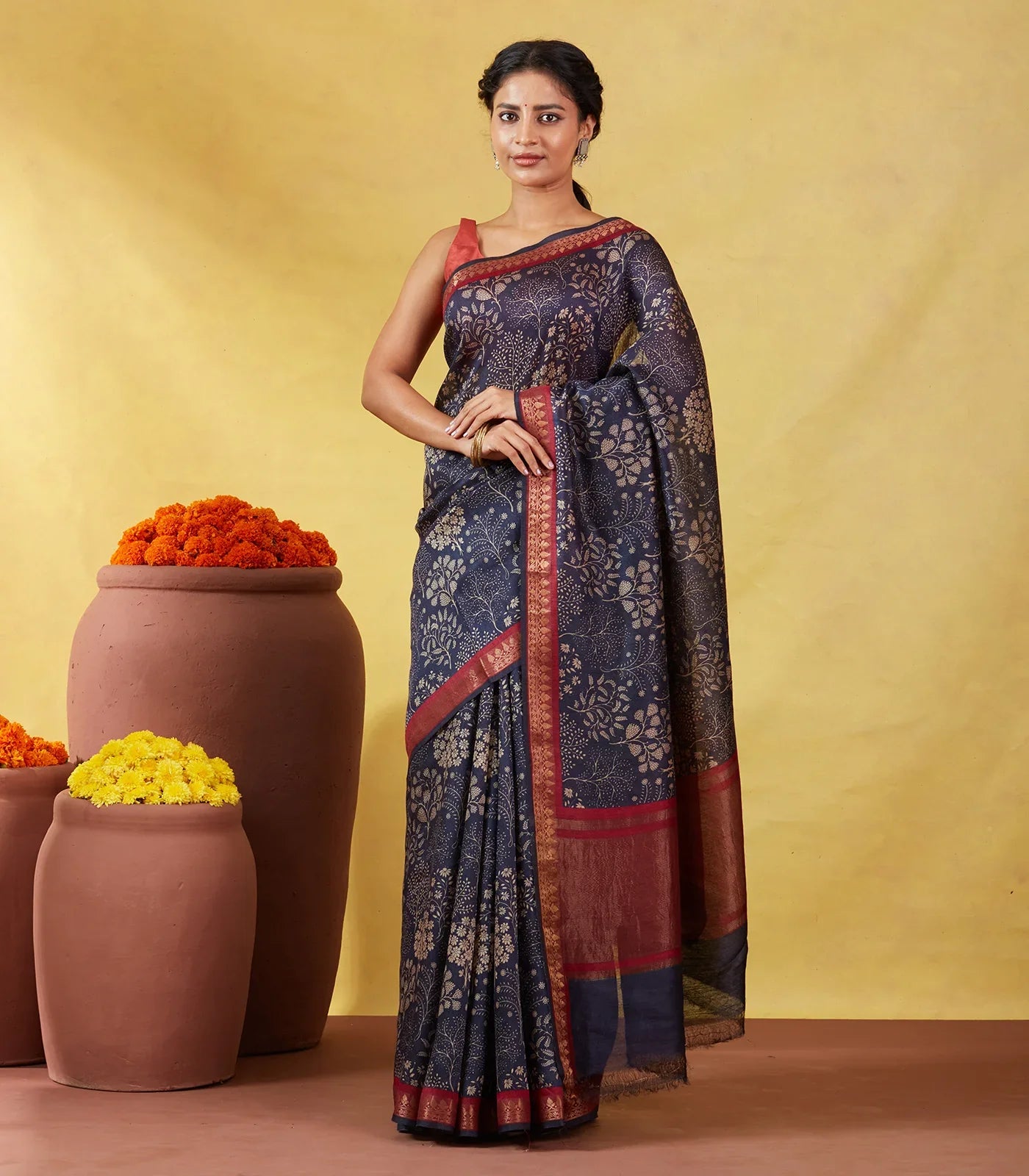 Navy Blue Handloom Tussar Silk Saree With Printed Tree Motifs