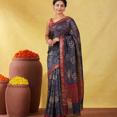 Navy Blue Handloom Tussar Silk Saree With Printed Tree Motifs