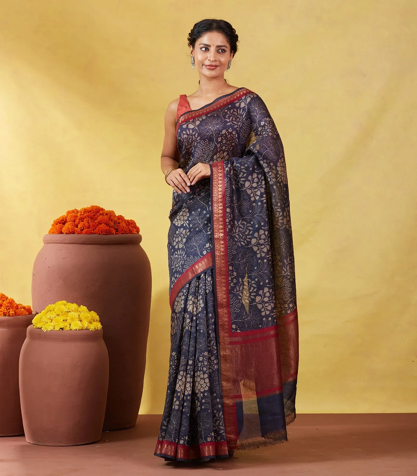 Navy Blue Handloom Tussar Silk Saree With Printed Tree Motifs