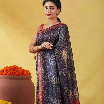 Navy Blue Handloom Tussar Silk Saree With Printed Tree Motifs