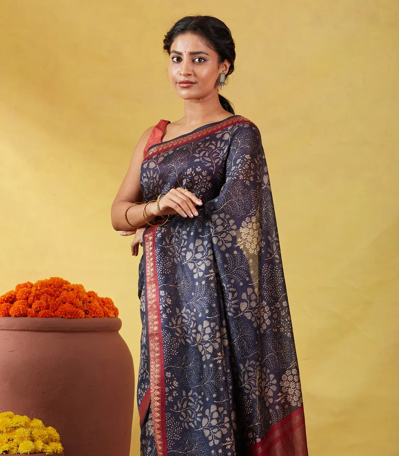 Navy Blue Handloom Tussar Silk Saree With Printed Tree Motifs
