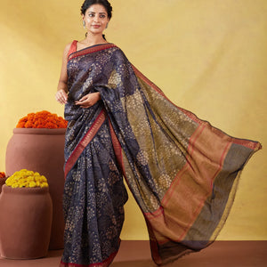 Navy Blue Handloom Tussar Silk Saree With Printed Tree Motifs