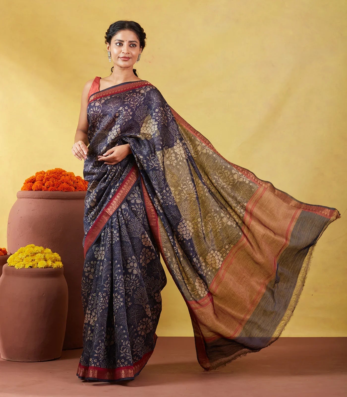 Navy Blue Handloom Tussar Silk Saree With Printed Tree Motifs