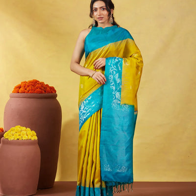Mustard Soft Silk Saree With Zari Buttas & Cyan Border