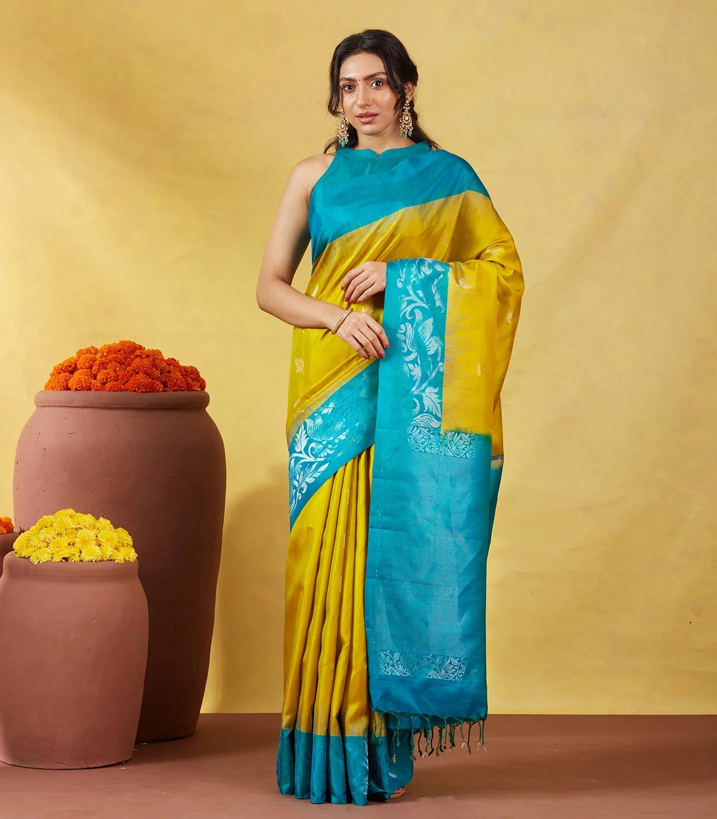 Mustard Soft Silk Saree With Zari Buttas & Cyan Border