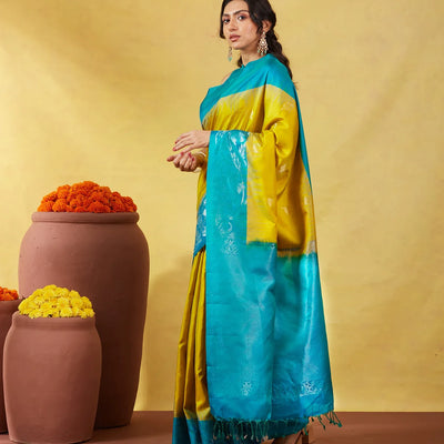 Mustard Soft Silk Saree With Zari Buttas & Cyan Border