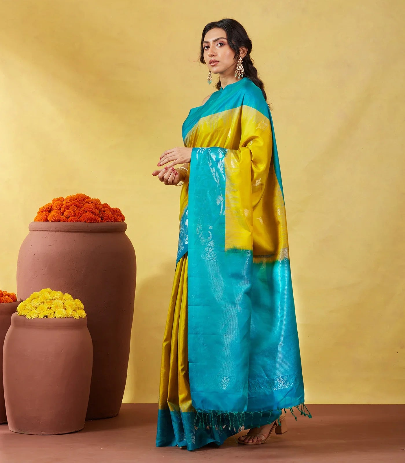 Mustard Soft Silk Saree With Zari Buttas & Cyan Border