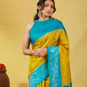 Mustard Soft Silk Saree With Zari Buttas & Cyan Border