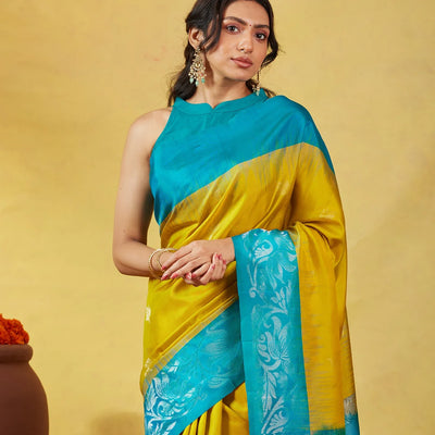 Mustard Soft Silk Saree With Zari Buttas & Cyan Border