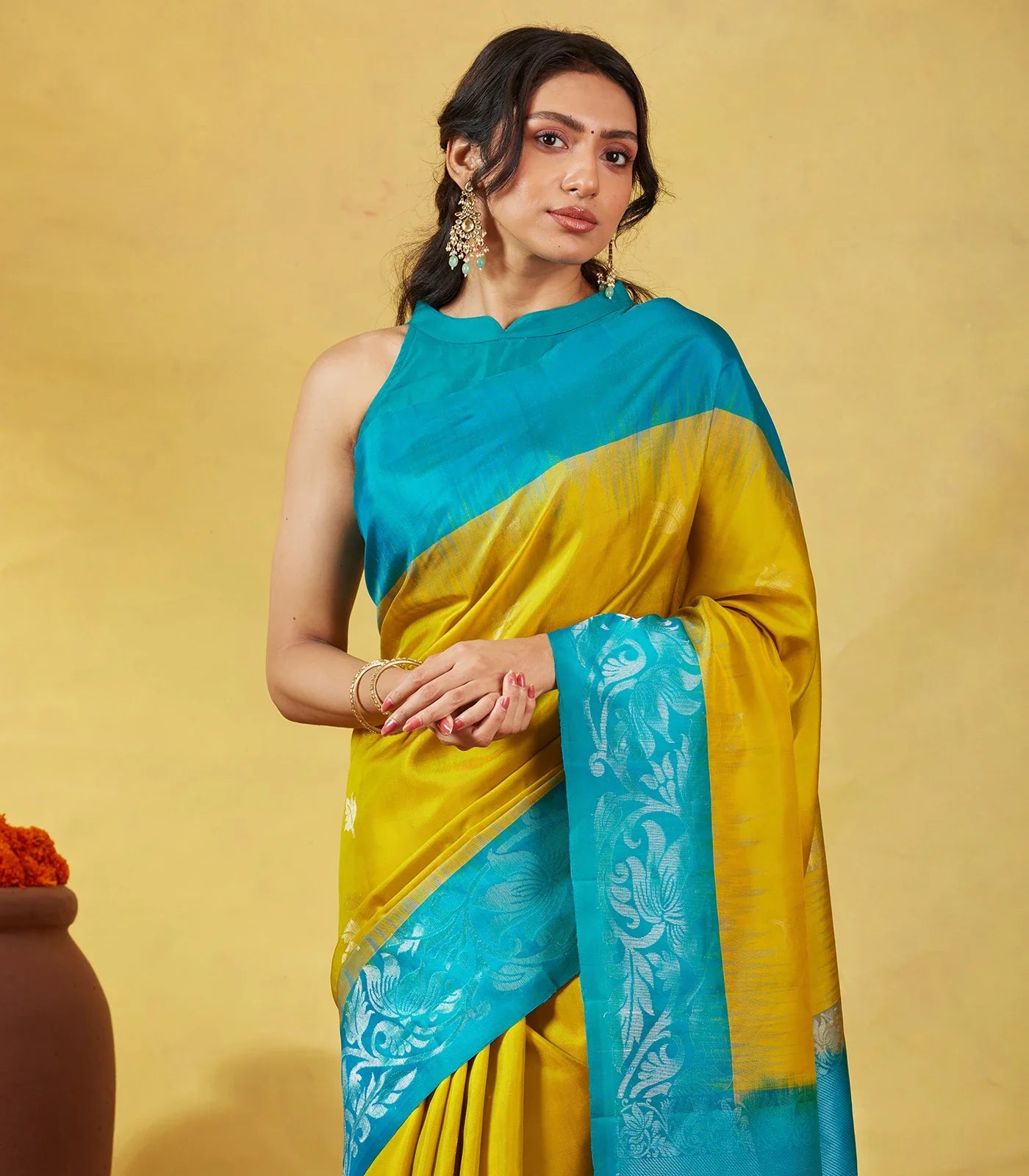 Mustard Soft Silk Saree With Zari Buttas & Cyan Border
