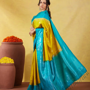 Mustard Soft Silk Saree With Zari Buttas & Cyan Border