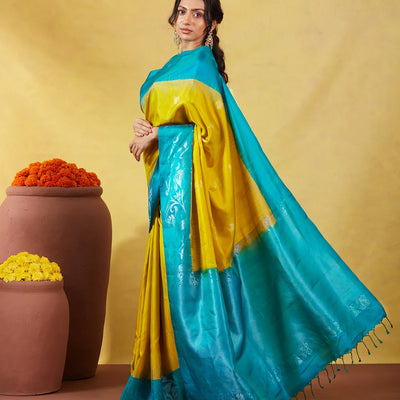 Mustard Soft Silk Saree With Zari Buttas & Cyan Border