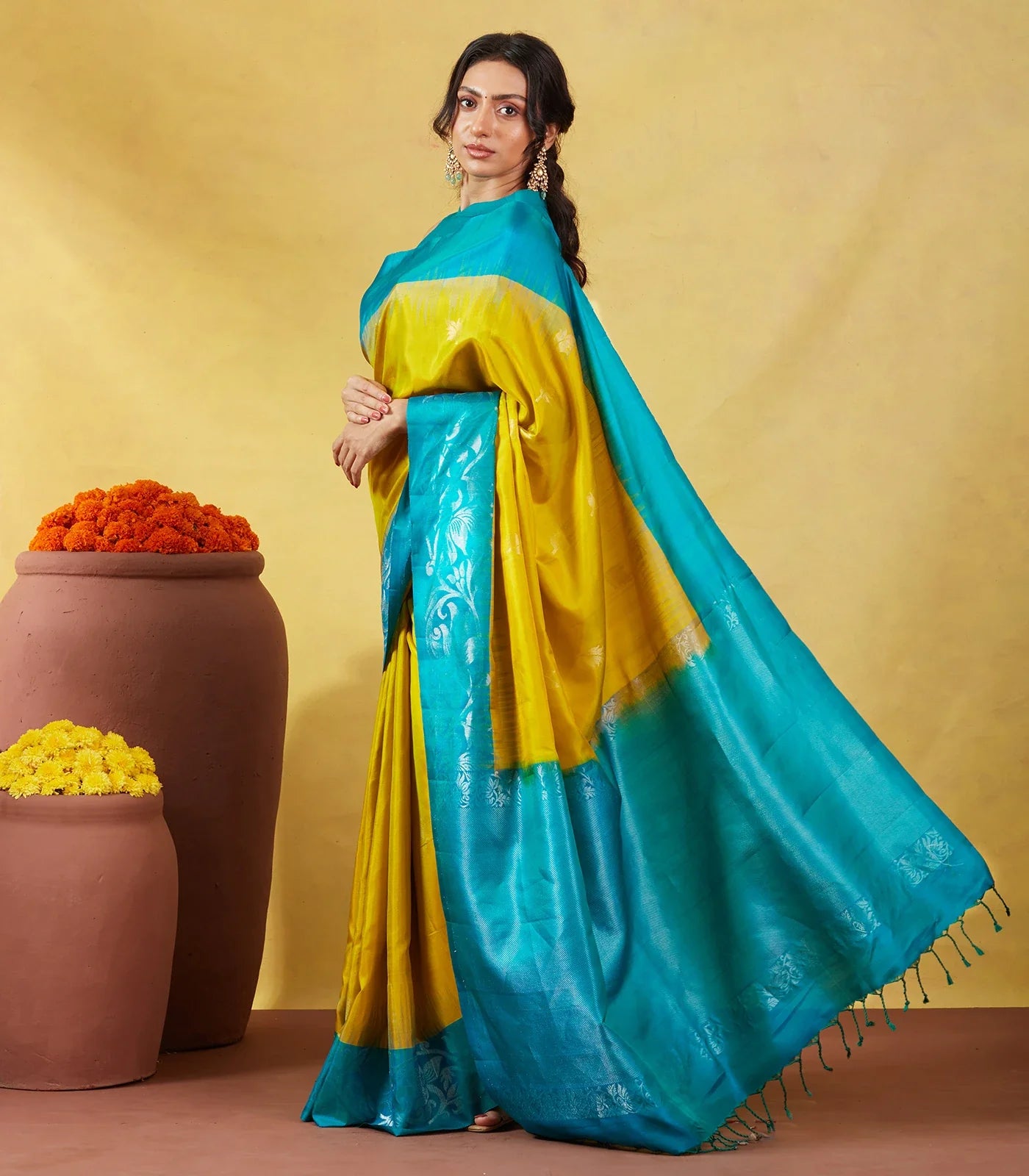 Mustard Soft Silk Saree With Zari Buttas & Cyan Border