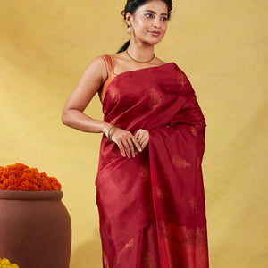 Maroon Handloom Soft Silk Saree With Floral Zari Buttas