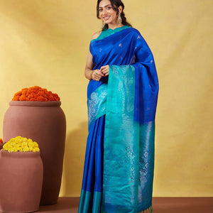 Blue Soft Silk Saree With Floral Zari Buttas & Contrast Border