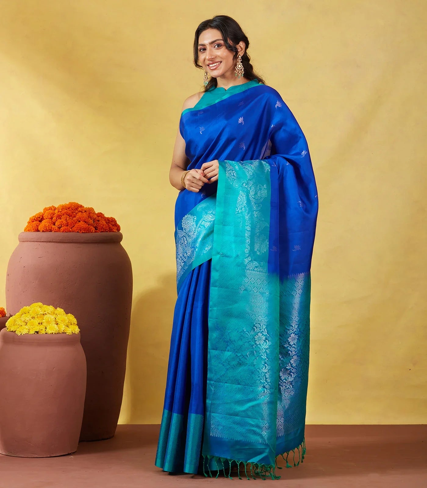 Blue Soft Silk Saree With Floral Zari Buttas & Contrast Border