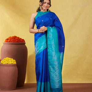 Blue Soft Silk Saree With Floral Zari Buttas & Contrast Border