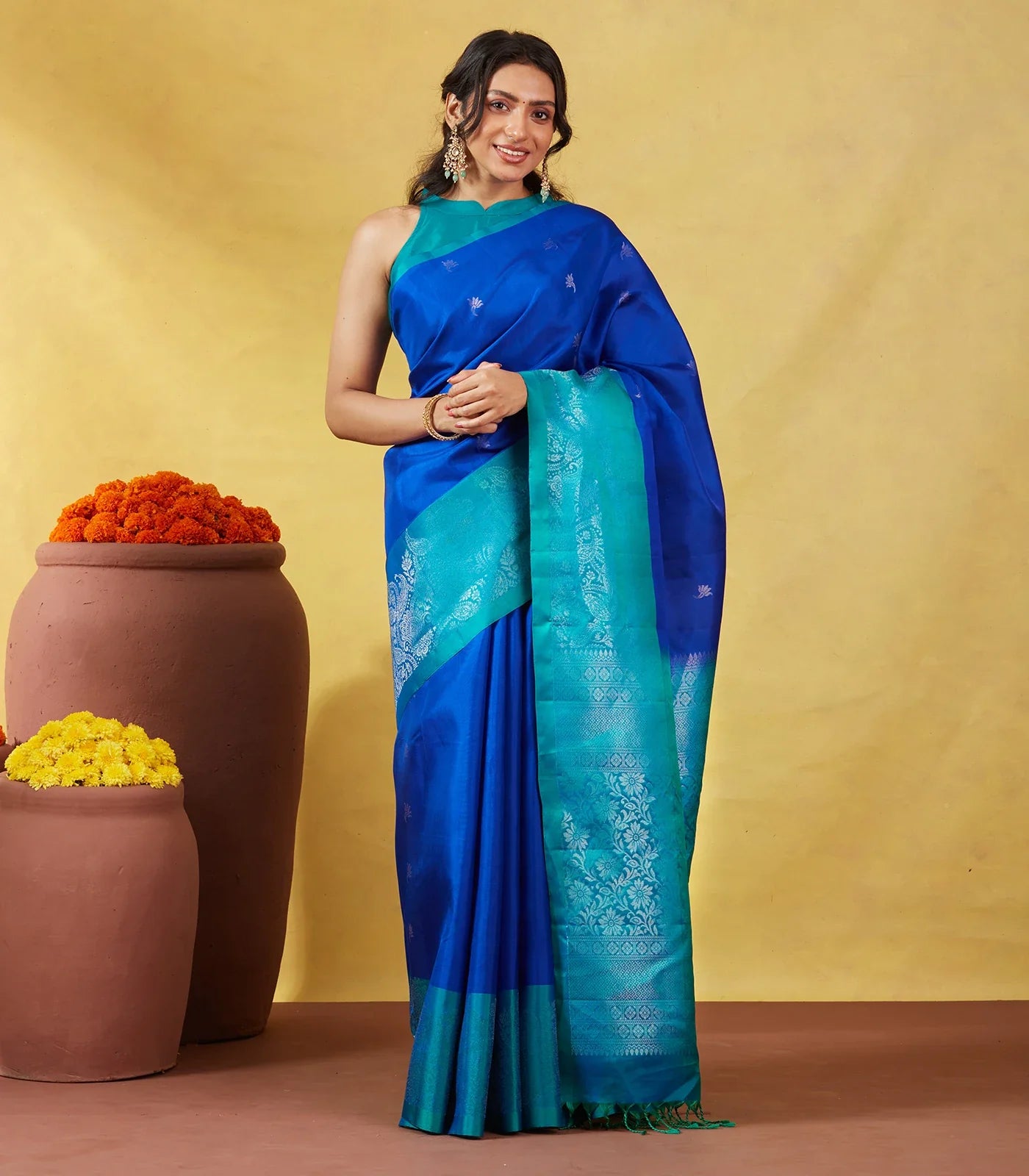 Blue Soft Silk Saree With Floral Zari Buttas & Contrast Border