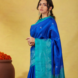 Blue Soft Silk Saree With Floral Zari Buttas & Contrast Border