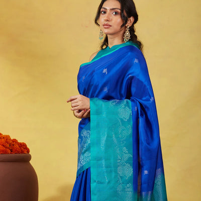 Blue Soft Silk Saree With Floral Zari Buttas & Contrast Border
