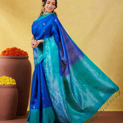 Blue Soft Silk Saree With Floral Zari Buttas & Contrast Border