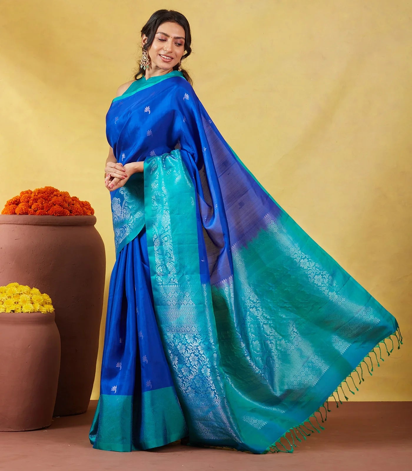 Blue Soft Silk Saree With Floral Zari Buttas & Contrast Border