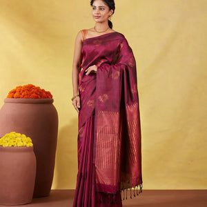 Maroon Soft Silk Saree With Floral Zari Buttas