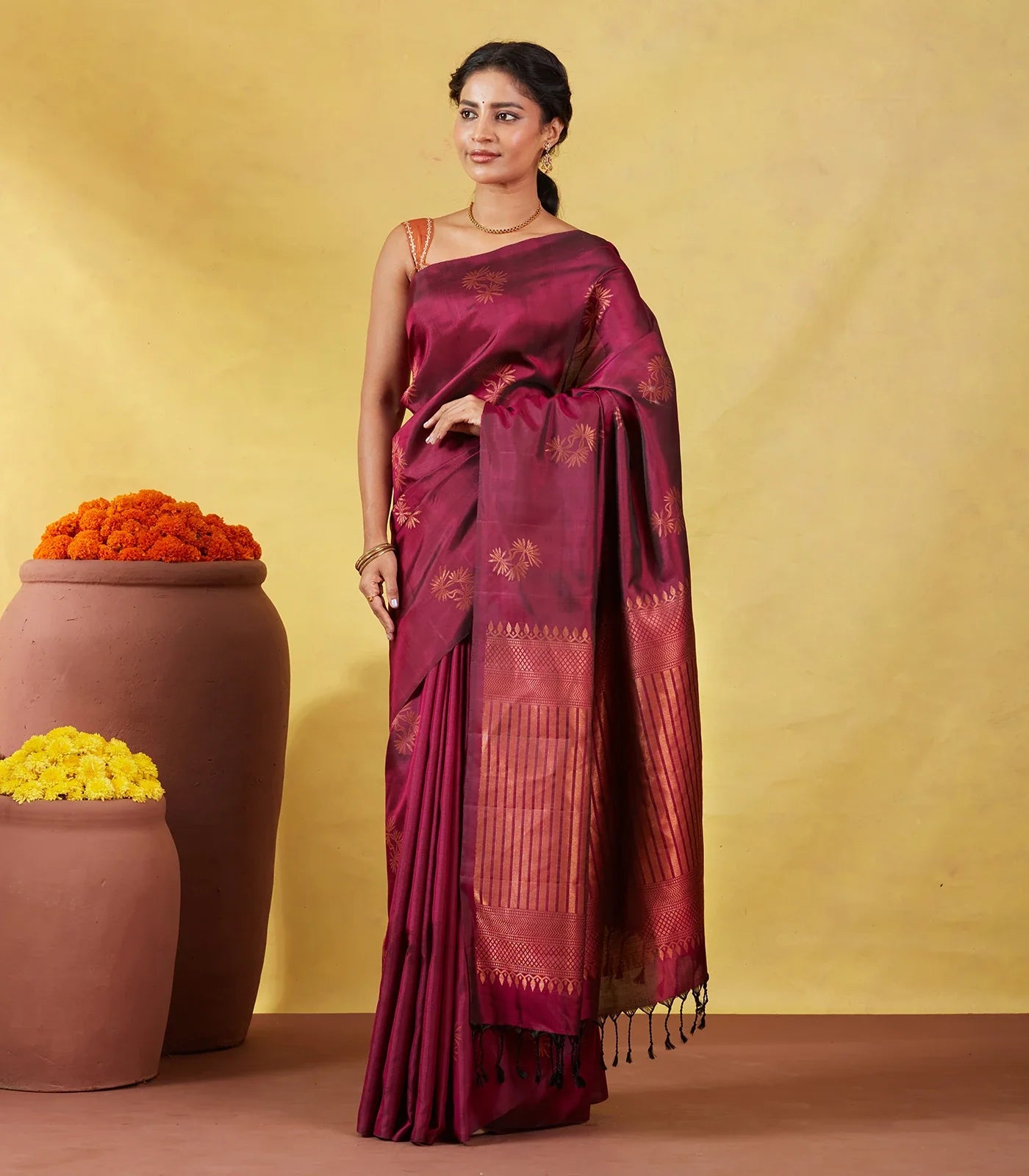 Maroon Soft Silk Saree With Floral Zari Buttas