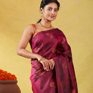 Maroon Soft Silk Saree With Floral Zari Buttas