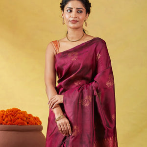 Maroon Soft Silk Saree With Floral Zari Buttas