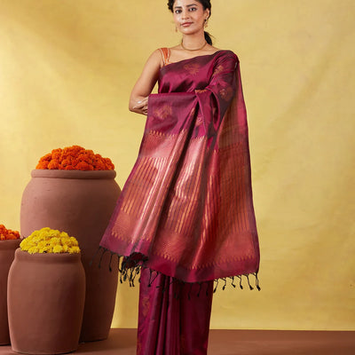 Maroon Soft Silk Saree With Floral Zari Buttas