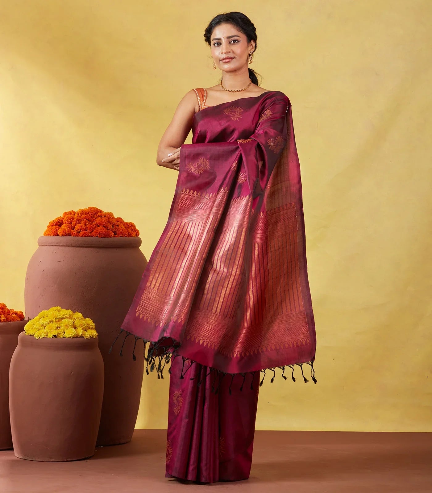 Maroon Soft Silk Saree With Floral Zari Buttas