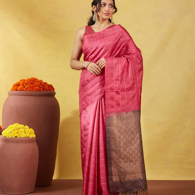 Pink Soft Silk Saree With Zari Checks & Contrast Pallu