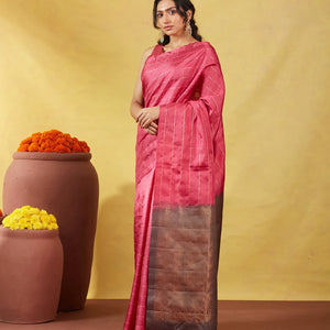 Pink Soft Silk Saree With Zari Checks & Contrast Pallu