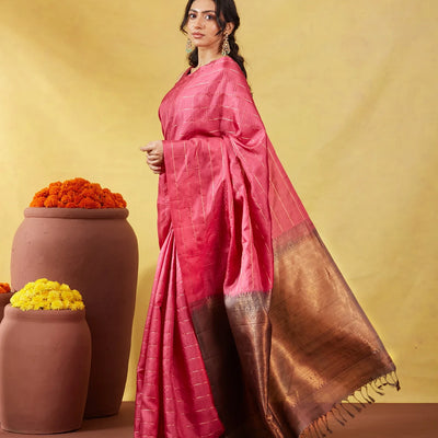 Pink Soft Silk Saree With Zari Checks & Contrast Pallu