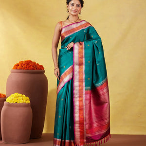 Teal Kanchipuram Silk Saree With Silk Thread Buttas