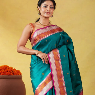 Teal Kanchipuram Silk Saree With Silk Thread Buttas