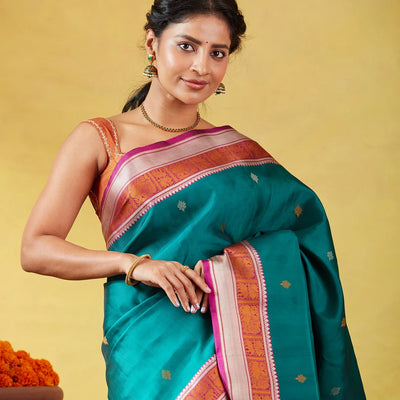Teal Kanchipuram Silk Saree With Silk Thread Buttas