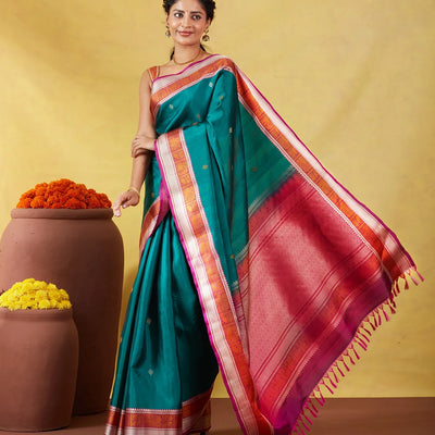Teal Kanchipuram Silk Saree With Silk Thread Buttas