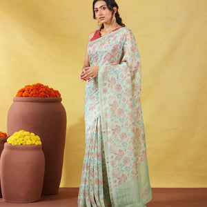 Turquoise Handwoven Linen Saree Printed With Floral Motifs