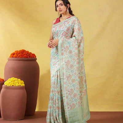 Turquoise Handwoven Linen Saree Printed With Floral Motifs