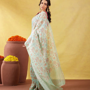 Turquoise Handwoven Linen Saree Printed With Floral Motifs