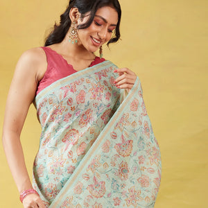 Turquoise Handwoven Linen Saree Printed With Floral Motifs